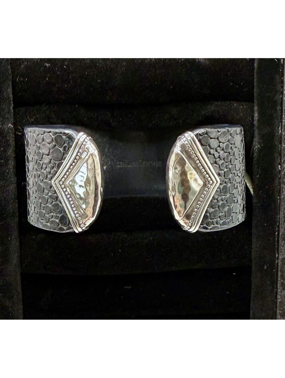 Michael Dawkins Silver Cuff with Black Leather Lining, Hammered Diamond Motif